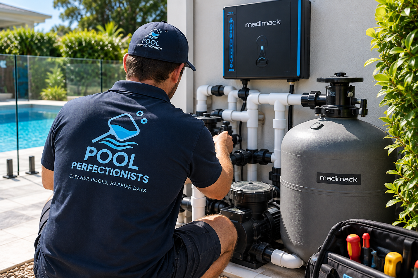 Pool Perfectionists technician servicing branded pool equipment beside a backyard pool