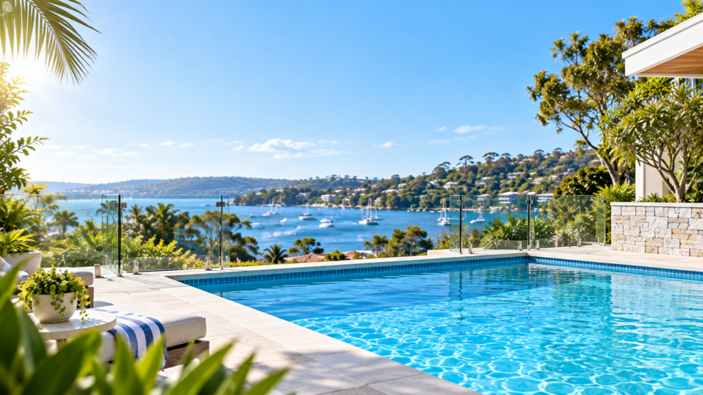 Premium backyard swimming pool with a coastal water outlook in the Sutherland Shire style