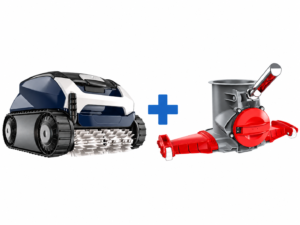 Zodiac DX4050 iQ robotic pool cleaner plus Kokido Voltera 105 rechargeable vacuum, shown together with a large blue plus sign