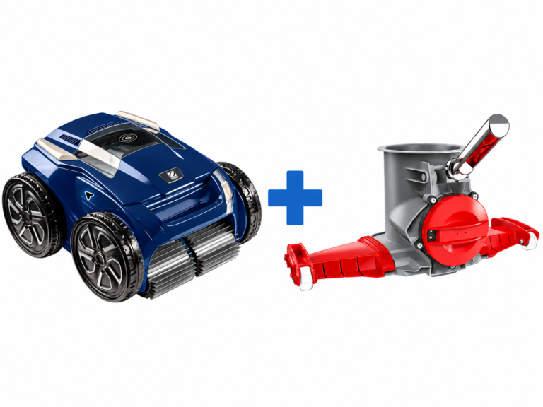 Zodiac EX6050 iQ robotic pool cleaner plus Kokido Voltera 105 rechargeable vacuum, shown together with a large blue plus sign